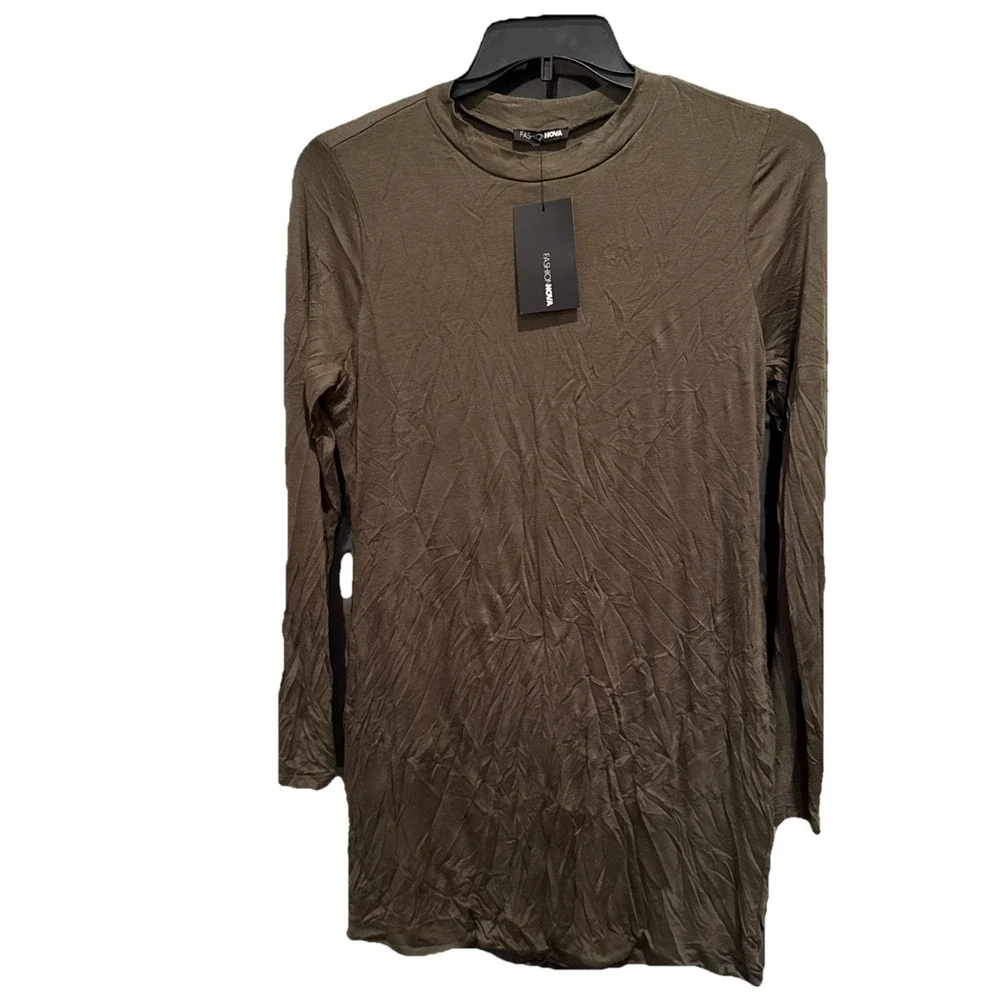 New Fashion Nova Bodycon Dress 1X Olive Green‎ Flawless Long Sleeve NWT